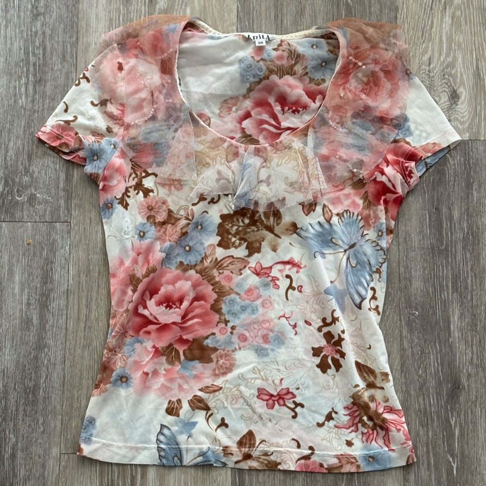 Vintage Anita Whimsy Fairy Butterfly Floral Ruffle Tulle Sequin Top Size S